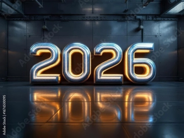 Fototapeta A stunning 3D liquid metal "2026" font with a reflective chrome surface, placed in a futuristic industrial setting with glowing accents and metallic textures.