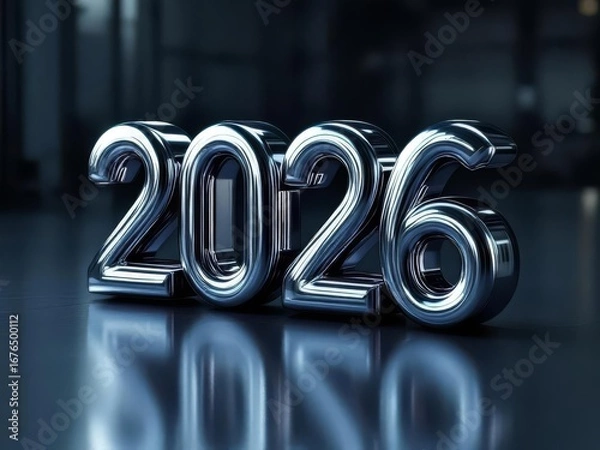 Fototapeta A bold 3D liquid metal font "2026" with a glossy chrome finish, reflecting light from a minimalistic industrial backdrop, perfect for tech and branding visuals.