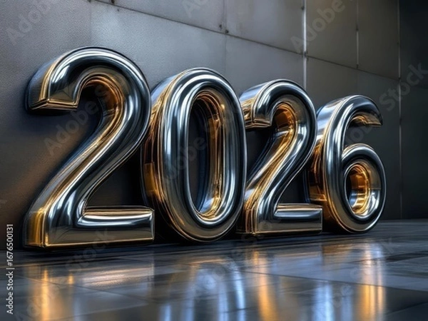 Fototapeta A 3D liquid metal font "2026" with a reflective chrome surface, set against a sleek industrial backdrop, perfect for futuristic designs and branding projects.