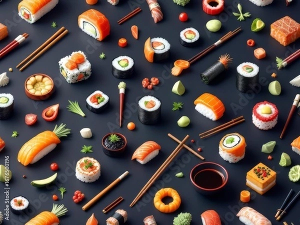 Fototapeta A vibrant 3D pattern showcasing sushi rolls, nigiri, and soy sauce, perfect for Japanese restaurant branding and modern culinary designs.