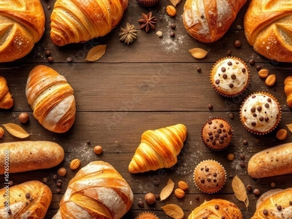 Fototapeta A delightful 3D pattern featuring fresh bread loaves, croissants, and muffins, perfect for bakery branding and cozy culinary designs.