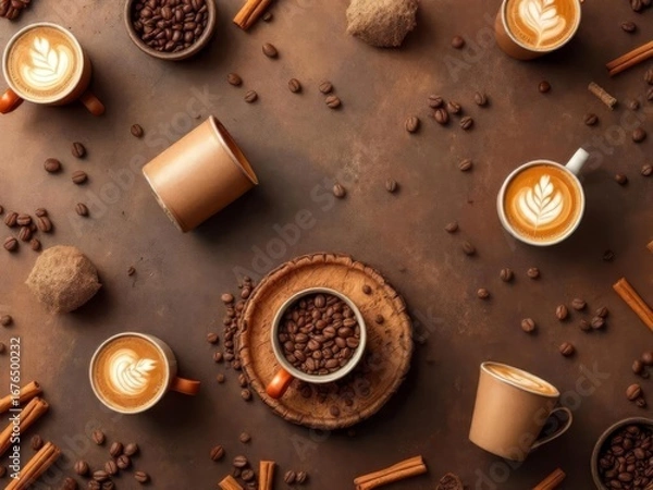 Fototapeta A cozy 3D pattern featuring coffee cups, coffee beans, and latte art, perfect for coffee shop branding and modern beverage designs.