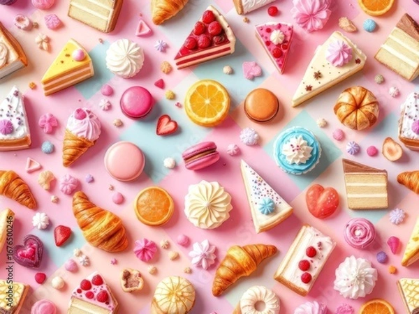 Fototapeta A 3D pattern showcasing a variety of desserts like cakes, pastries, and macarons, perfect for bakery or dessert parlor branding and festive culinary designs.
