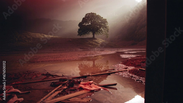 Fototapeta Tranquil valley emerging after flood with muddy patches, reflecting puddles, scattered debris, and a resilient oak under soft diffused gray light