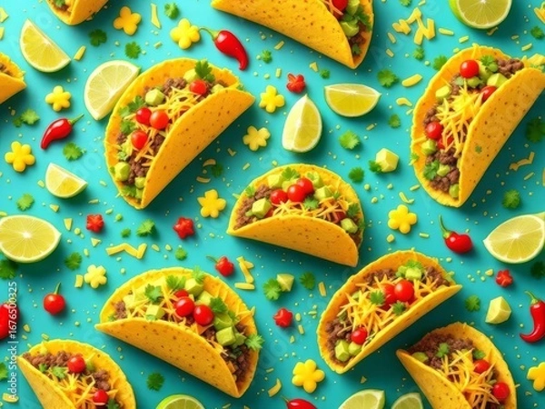 Fototapeta A vibrant 3D pattern showcasing a taco bar with soft corn tortillas, fresh cilantro, onions, and limes, ideal for Mexican food events and branding designs.