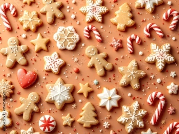 Fototapeta A festive 3D holiday pattern background featuring decorated cookies, candy canes, and gingerbread, perfect for seasonal branding and dessert designs.