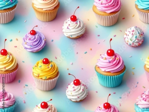 Fototapeta A sweet 3D pattern background showcasing colorful cupcakes, frosting swirls, and sprinkles, perfect for bakery branding and festive dessert designs.