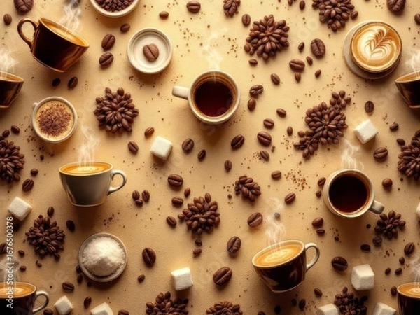 Fototapeta A cozy 3D coffee pattern background featuring steaming mugs, coffee beans, and latte art, perfect for cafe branding and modern beverage designs.