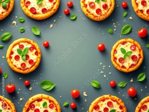 Fototapeta A 3D pattern background featuring gourmet pizza slices, fresh basil, tomatoes, and melted cheese, ideal for Italian cuisine branding and modern food decor.