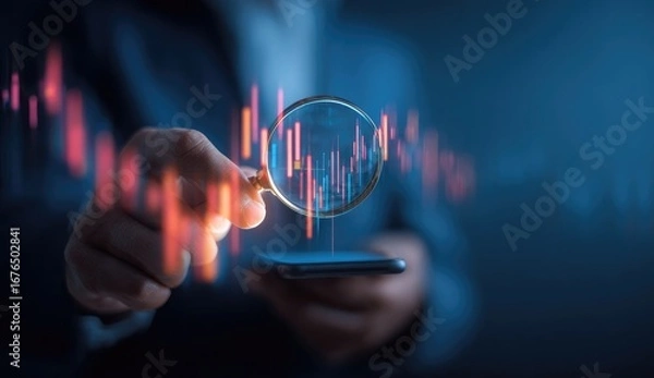 Obraz Businessperson examines stock market data on a phone through a magnifying glass
