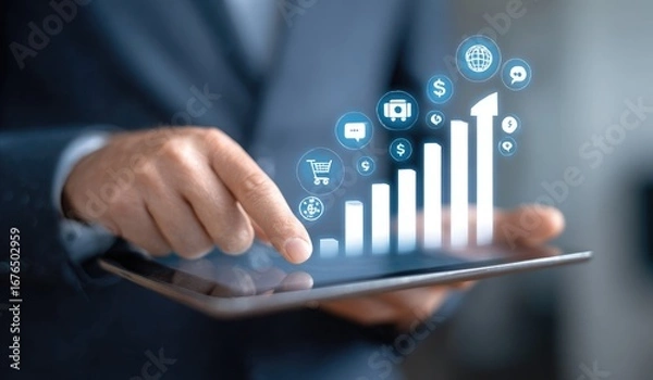 Fototapeta Businessperson uses tablet to interact with growing bar graph and connected icons