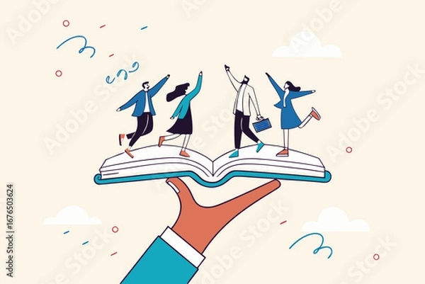 Fototapeta Employee handbook, manual for onboarding new staff, procedure or rule for welcome new hire to know company, business manual for success concept, businessman hand holding handbook with new employees. 