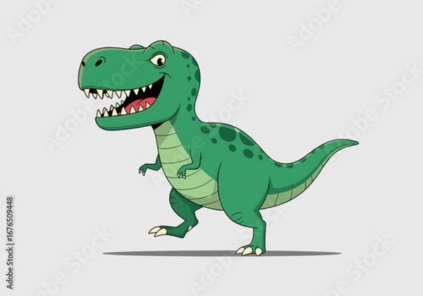Fototapeta A happy cartoon tyrannosaurus rex dinosaur with sharp teeth and green skin is walking happily