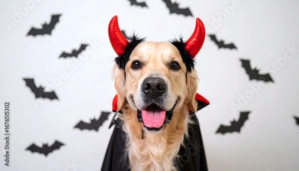 Fototapeta Happy Dog Wearing Red Horns with Halloween Bat Background

