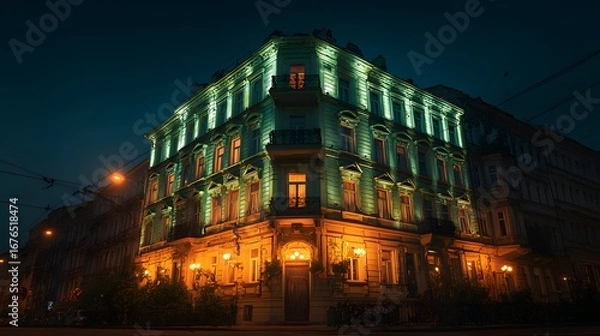 Fototapeta A stunning night scene featuring a beautifully lit, historical building with a mix of teal and warm orange hues, highlighting its architectural details and creating a captivating urban ambiance.