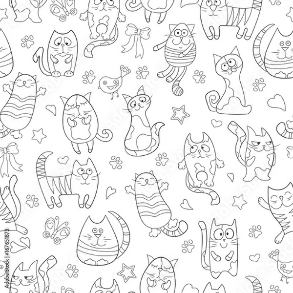Fototapeta Seamless pattern with contour images cartoon cats , black contour on white background