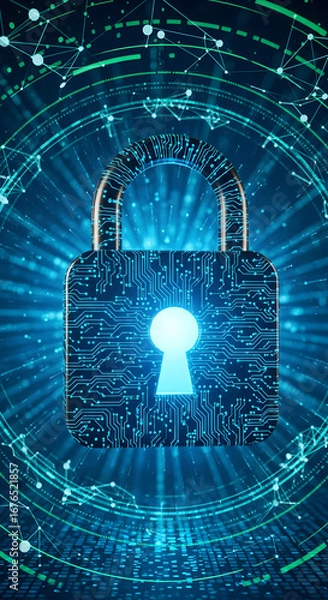Obraz A digital padlock with a glowing keyhole, symbolizing cybersecurity and data protection, set against a backdrop of interconnected circuits and glowing blue lines.