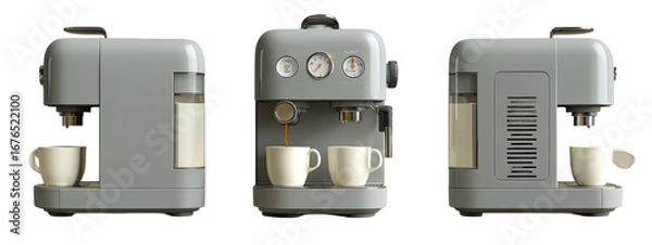Obraz Gray coffee machine with cups, showing three different views