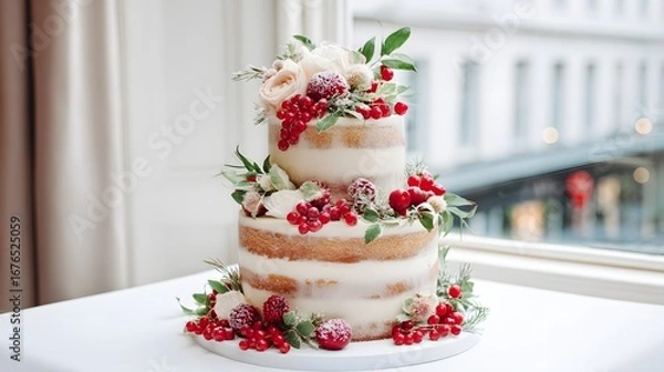 Fototapeta A two-tiered naked cake adorned with delicate floral arrangements and clusters of red berries, creating a beautiful and festive dessert.