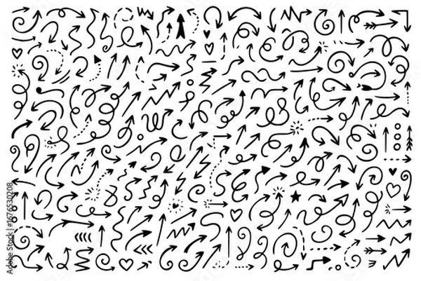 Fototapeta A dynamic vector collection of hand-drawn arrows and decorative sketch elements, featuring a wide variety of styles including straight, curved, looped, squiggly, and multi-headed arrows.