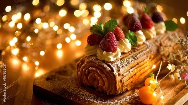 Fototapeta A delicious yule log cake, adorned with fresh raspberries and whipped cream, sits on a wooden board, bathed in warm, festive lighting.
