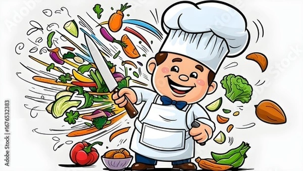 Obraz A cheerful cartoon illustration of a happy chef character energetically chopping a variety of fresh vegetables for a healthy meal