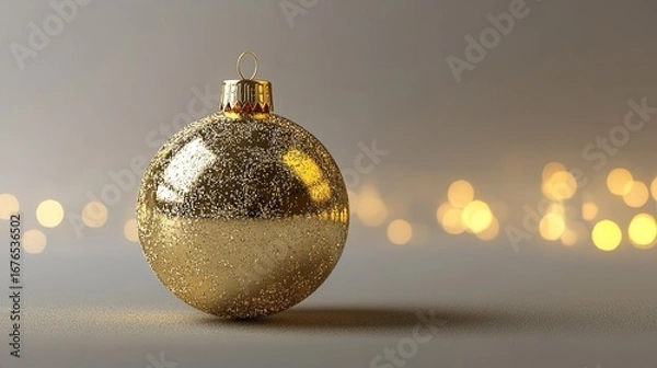 Fototapeta A glittering gold christmas ornament on a surface with soft focus lights in the background creating a festive mood
