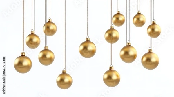 Fototapeta A group of golden christmas ornaments hanging from strings against a white background in a festive display