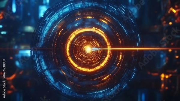 Fototapeta Spaceship flying through a circular tunnel with orange and blue lights in a futuristic design