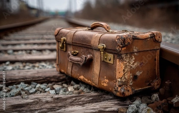 Obraz Aged suitcase rests on railway tracks