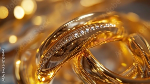Fototapeta Close up of a golden chain link with diamonds on a blurred background with bokeh lights effect