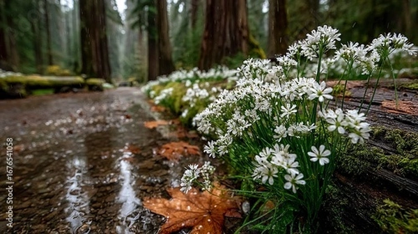 Obraz Tiny White Wildflowers Blooming in Mossy Forest Ground 