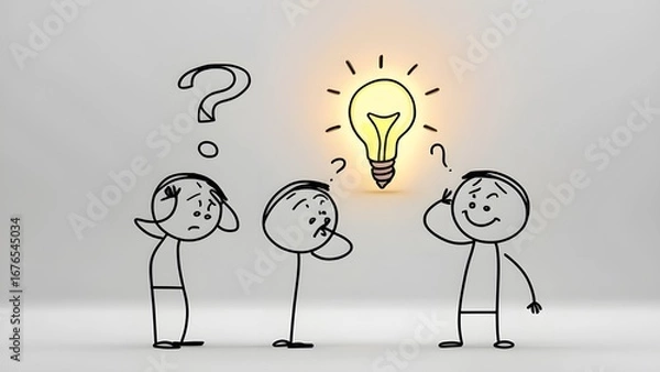 Obraz Brainstorming Illustration Finding Ideas with a Glowing Light Bulb and Question Marks