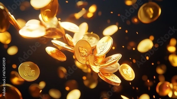 Fototapeta A cascade of golden coins floating in the air against a dark background with bokeh lights effect surrounding