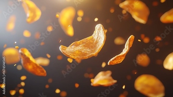 Fototapeta Crispy corn flakes floating in the air with a dark background and golden bokeh effect, food photography
