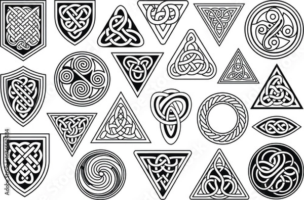 Fototapeta Intricate Celtic Knotwork and Tribal Tattoo Design Collection – Black and White Shields, Triskelions, and Abstract Patterns for Tattoo Art, Branding, and Decorative Graphic Projects