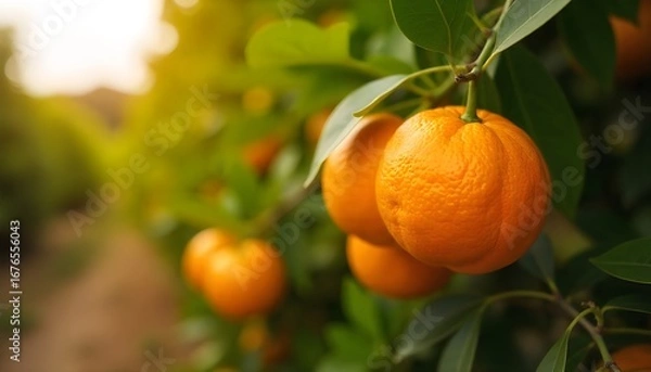 Fototapeta Orange garden with ripe oranges on tree branches. Beautiful orange trees in an orchard. Fruit trees laden with ripe fruits. Juicy citrus fruits ripening in the sun