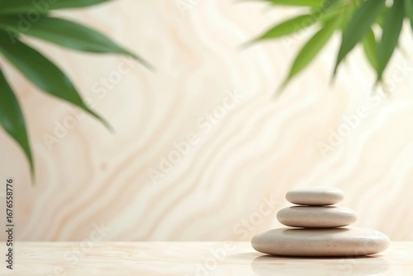 Fototapeta Spa stones with green leaves for zen and wellness background relaxation and meditation concept image stock photo