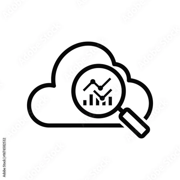 Fototapeta Cloud Data Analysis: Visual of the cloud paired with a magnifying glass, representing data analysis and cloud computing.