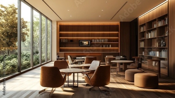 Obraz Interior view of a modern lounge area with bookshelves and large windows overlooking greenery outside