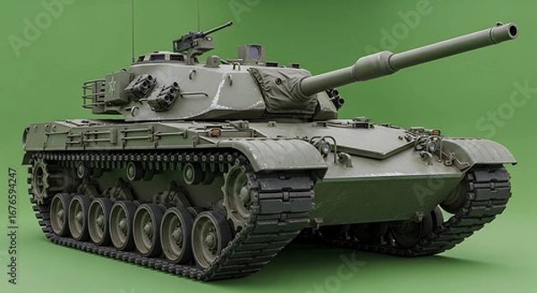 Fototapeta A green main battle tank with a long barrel and machine gun on top.