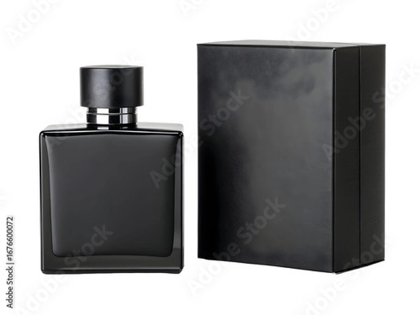 Fototapeta Matte Black Perfume Bottle with Matching Plain Black Box Rectangular Glass Fragrance Container Silver Accents isolated on a transparent background