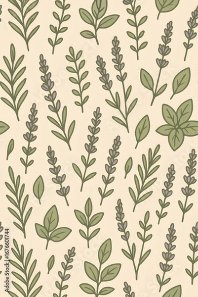 Fototapeta Seamless Herbal Pattern with Green Leaves and Lavender on Beige Background