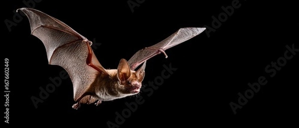 Fototapeta Flying bat with outstretched wings in midair isolated on black background for Halloween or nature theme