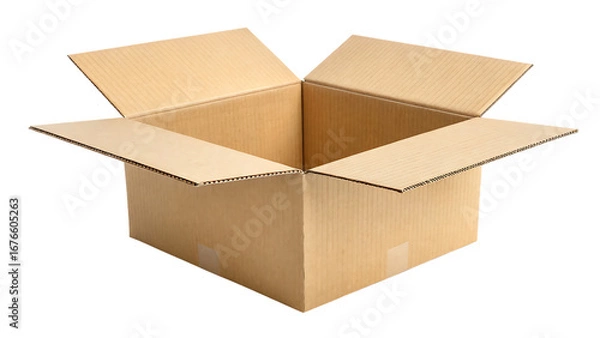 Fototapeta Open cardboard box isolated on transparent background, ready for shipping, storage, or moving, showcasing the empty space