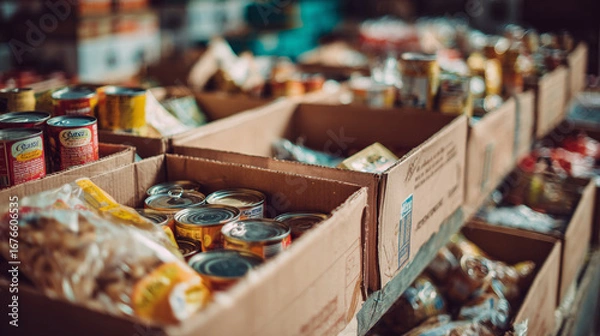 Fototapeta A close up view of cardboard boxes filled with canned goods and packaged food items on display shelf