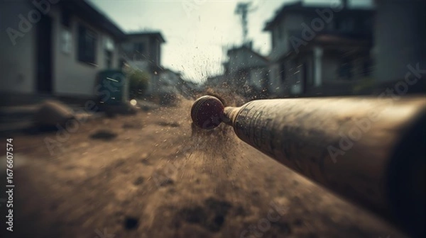 Fototapeta First person view through rifle scope:local street cricket action