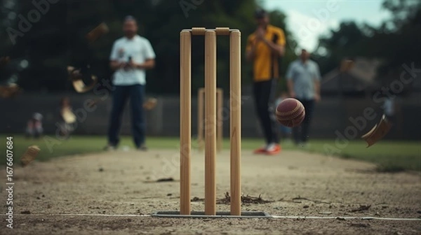 Obraz Cricket wickets and players on a dusty field