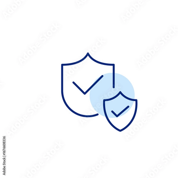 Fototapeta Shield and checkmark. Verified protection, trust and security, certified compliance, safety confirmed. Pixel perfect, editable stroke vector icon
