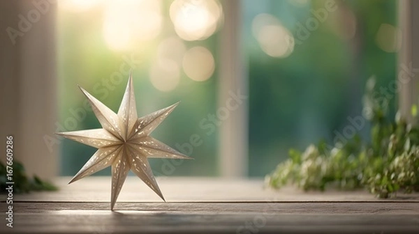 Fototapeta A delicate paper star ornament sits on a wooden surface, bathed in soft sunlight filtering through a window, showcasing a peaceful and tranquil scene.